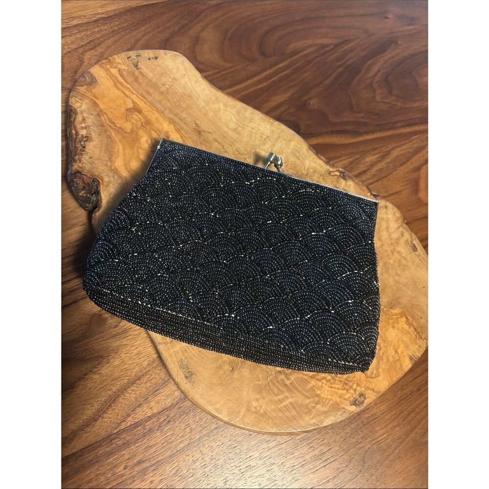 Vintage Black Beaded Evening Kiss Lock Clutch